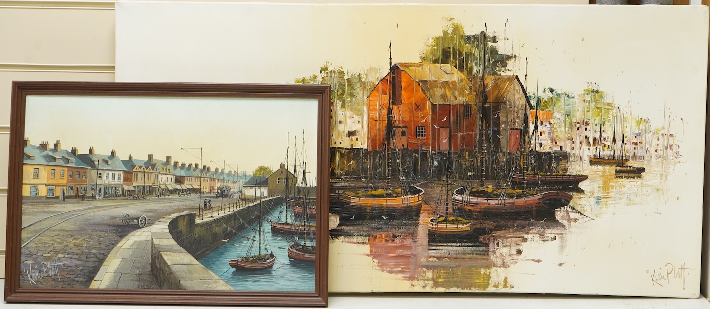 Kevin Platt (b.1945), Padstow Harbour and another harbour scene, each signed, two oils on canvas, one framed, largest 45 x 91cm